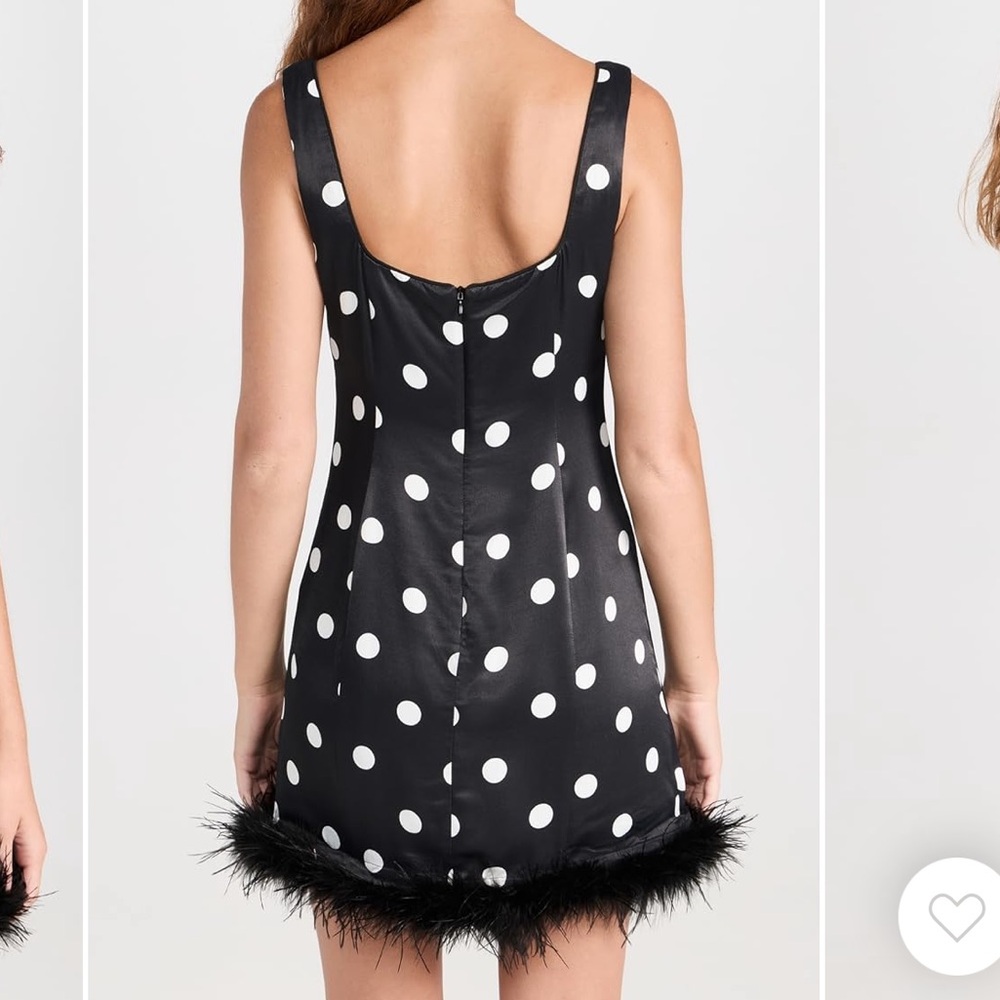 Chic Black Polka Dot Dress with Feather Trim - Picture 2 of 14